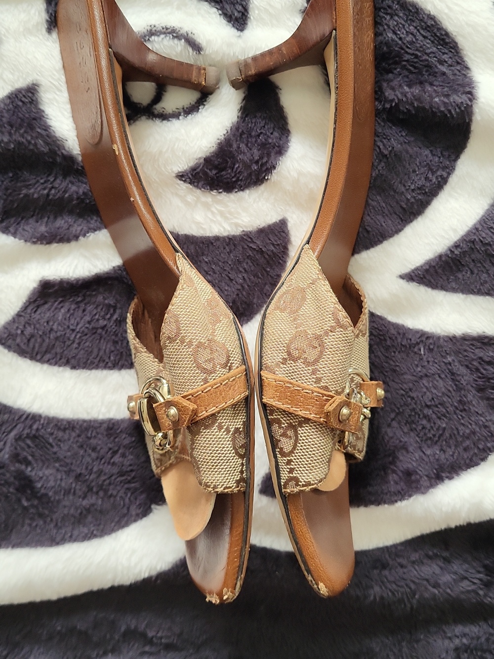Gucci Brown Monogram Canvas & Leather Slide Mules with Gold Hardware - Picture 10 of 16